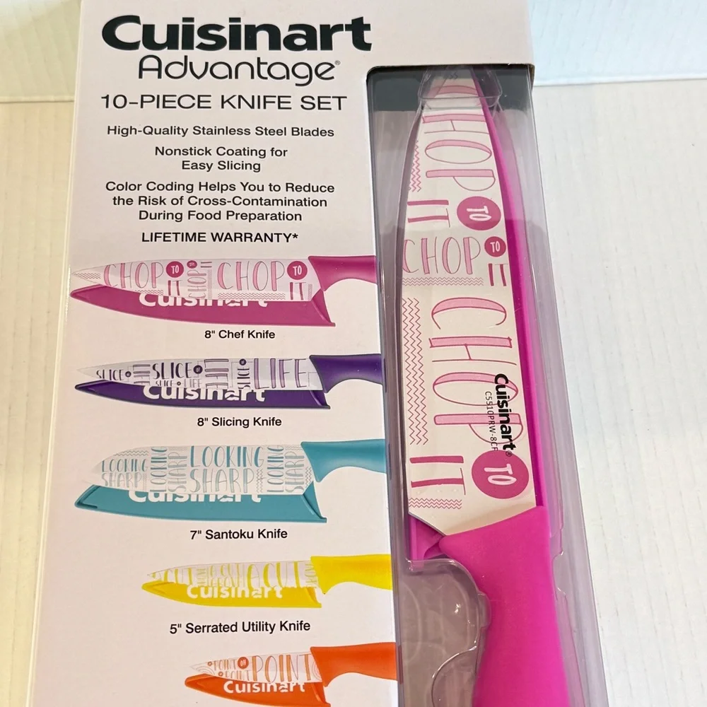 🆕 Cuisinart 10-Piece Colorful Typography Knife Set – Nonstick Blades – 🆕